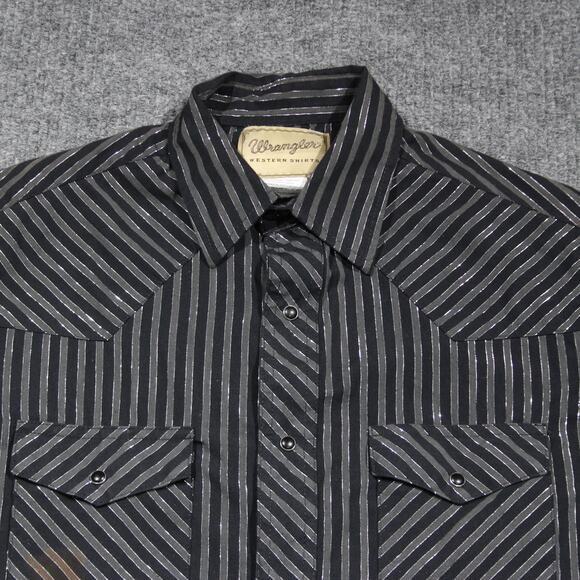 Wrangler Western Button Down Shirt Men M Black Striped Silver Threads Pearl Snap - Picture 1 of 8